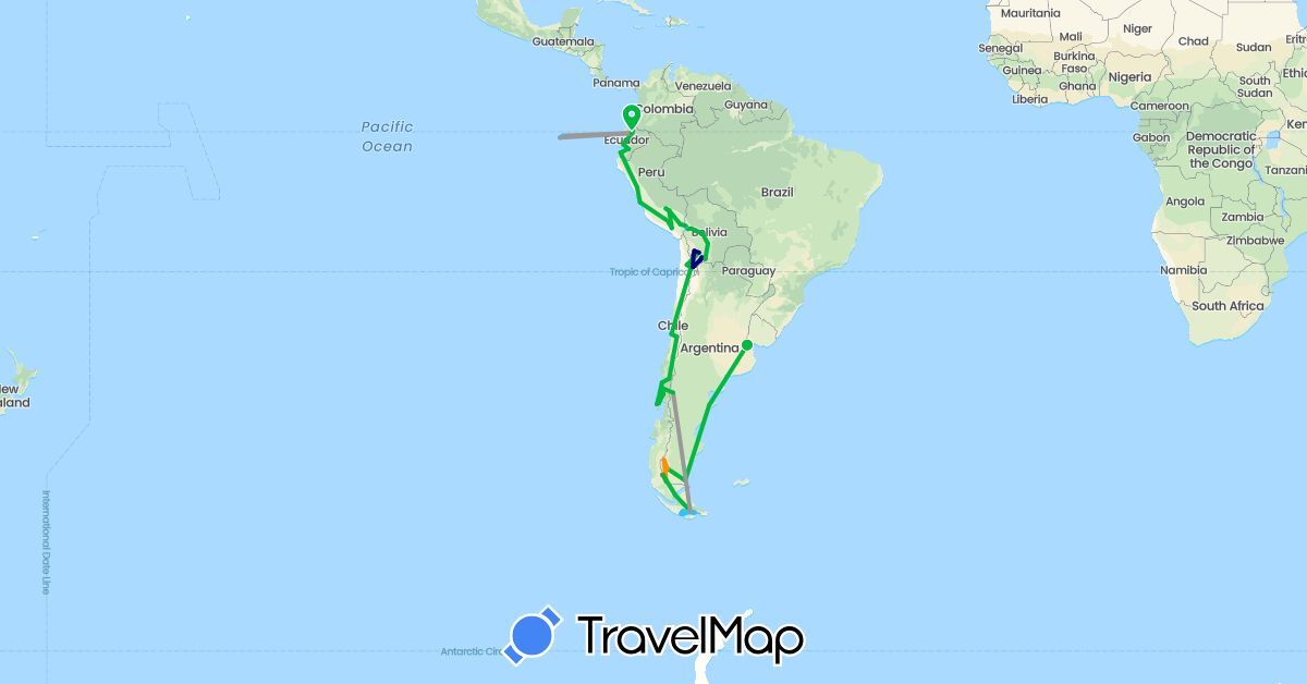 TravelMap itinerary: driving, bus, plane, hiking, boat, hitchhiking in Argentina, Bolivia, Chile, Ecuador, Peru (South America)